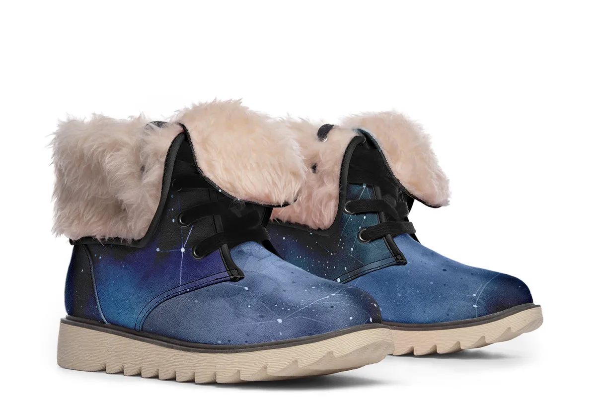 Deep Blue Fold Over Winter Boots - Microsuede Vegan Boots with Fur Lining and Convertible Style