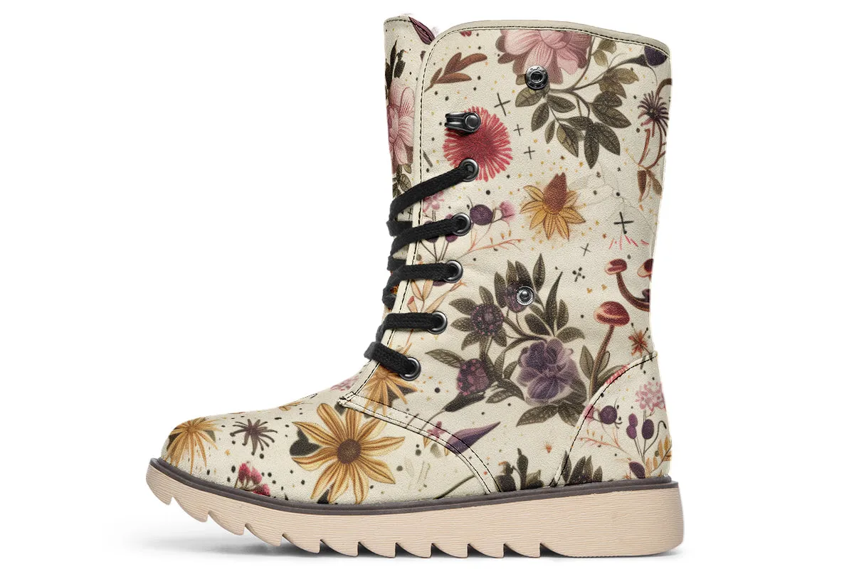 Enchanted Blossoms Fold Over Winter Boots - Microsuede Vegan Boots with Fur Lining and Convertible Style