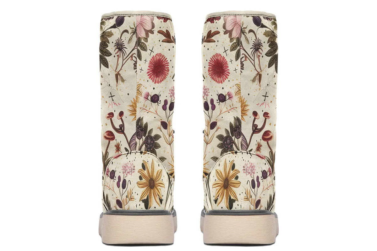 Enchanted Blossoms Fold Over Winter Boots - Microsuede Vegan Boots with Fur Lining and Convertible Style