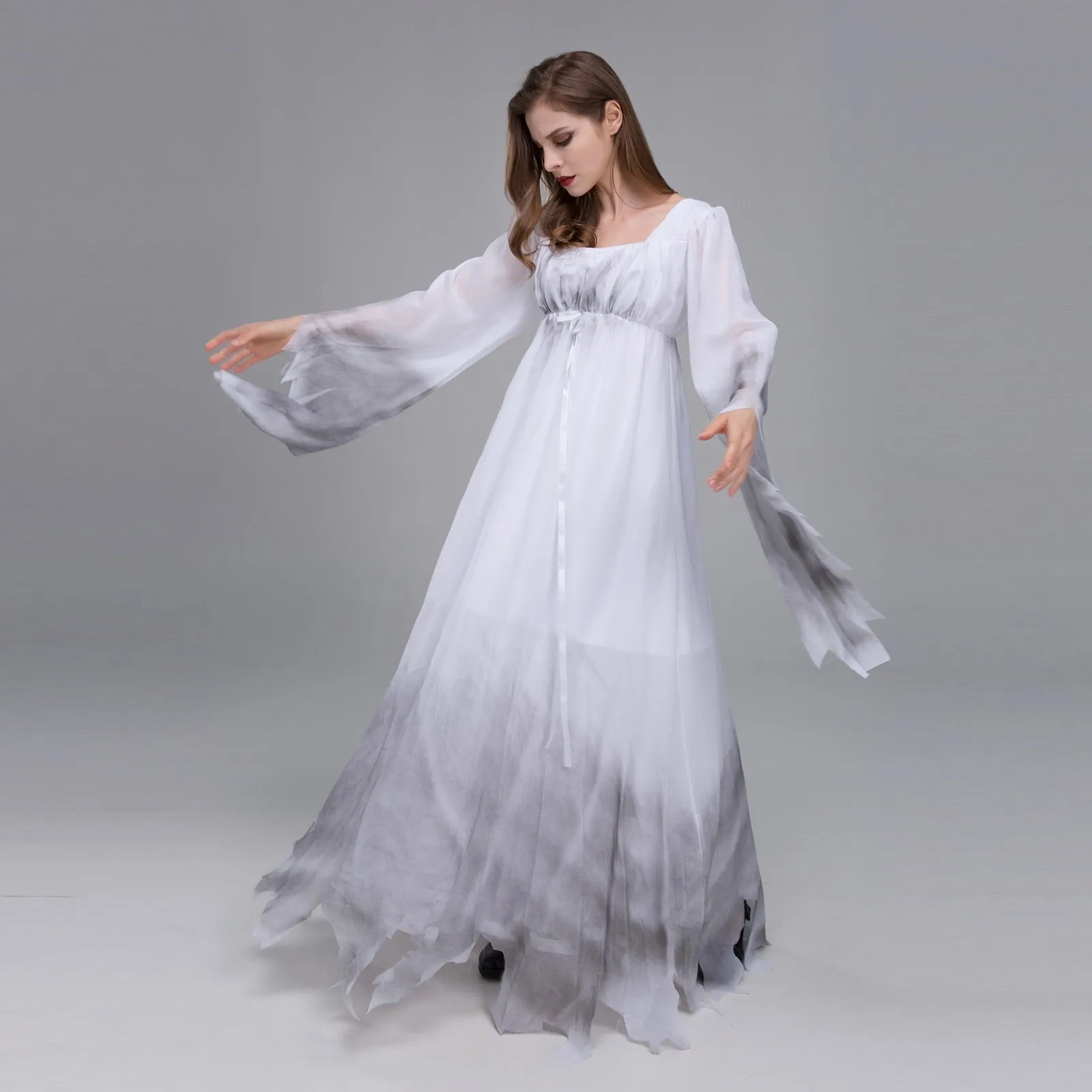 Halloween Joskaa Zombie Bride Dress Scary Ghost Bride Burnt White Lace Doom Ghostly Wedding Dress Costume Ball Dress