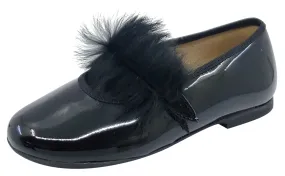 Maria Catalan Girl's Black Patent Leather Fur Detail Mary Jane