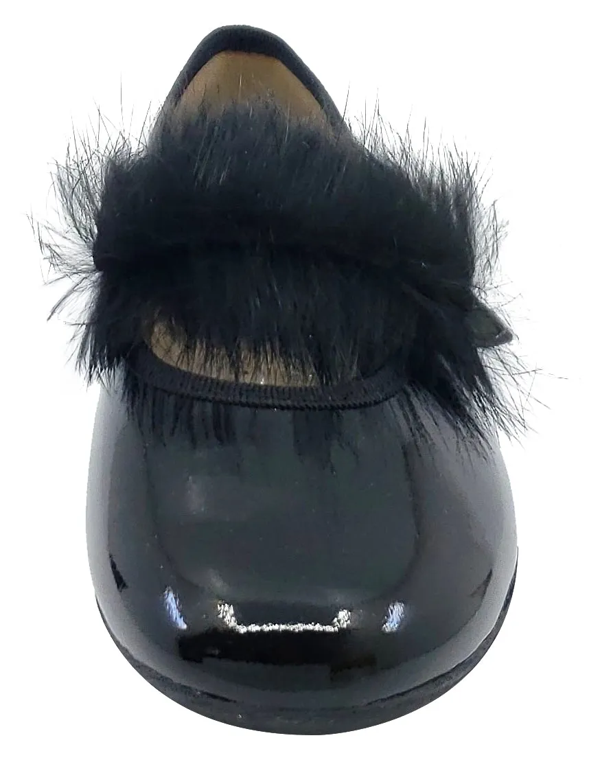 Maria Catalan Girl's Black Patent Leather Fur Detail Mary Jane
