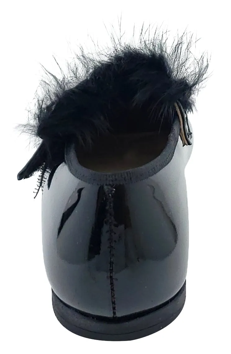 Maria Catalan Girl's Black Patent Leather Fur Detail Mary Jane