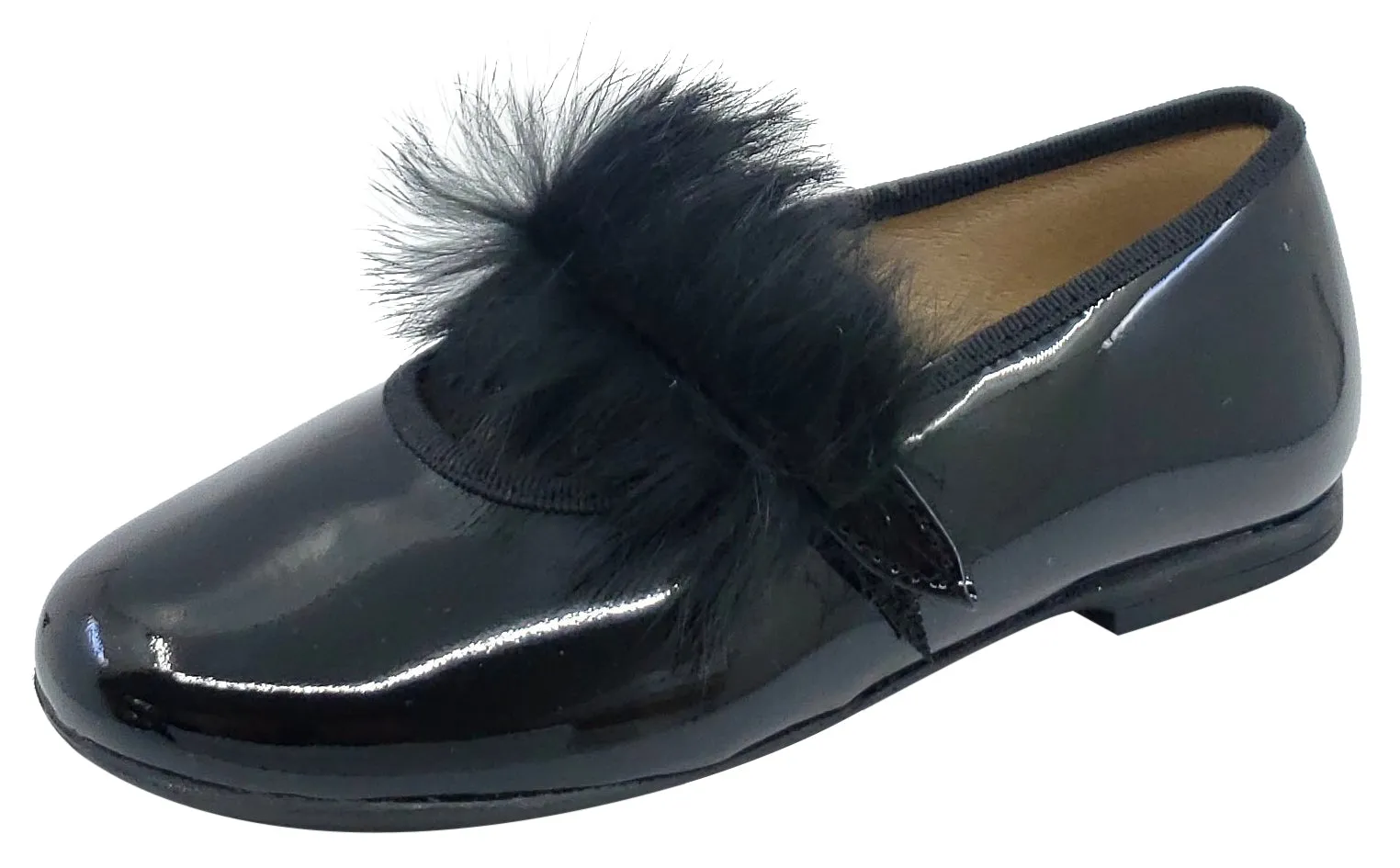 Maria Catalan Girl's Black Patent Leather Fur Detail Mary Jane