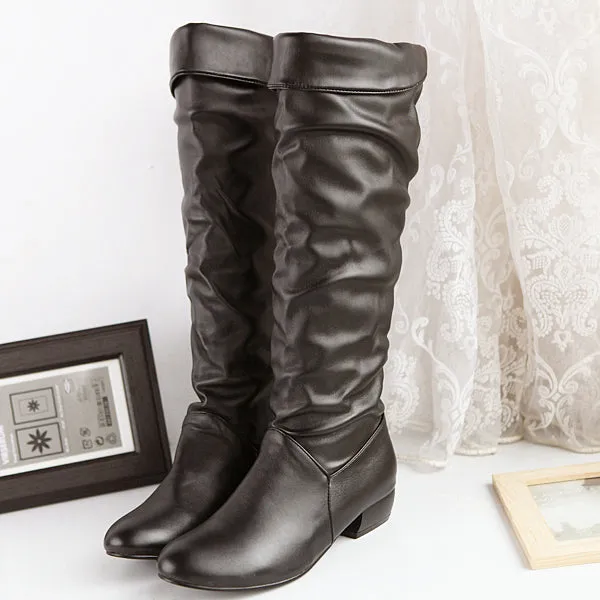 Round Toe Knee High Boots Low Heels Shoes for Woman 9894
