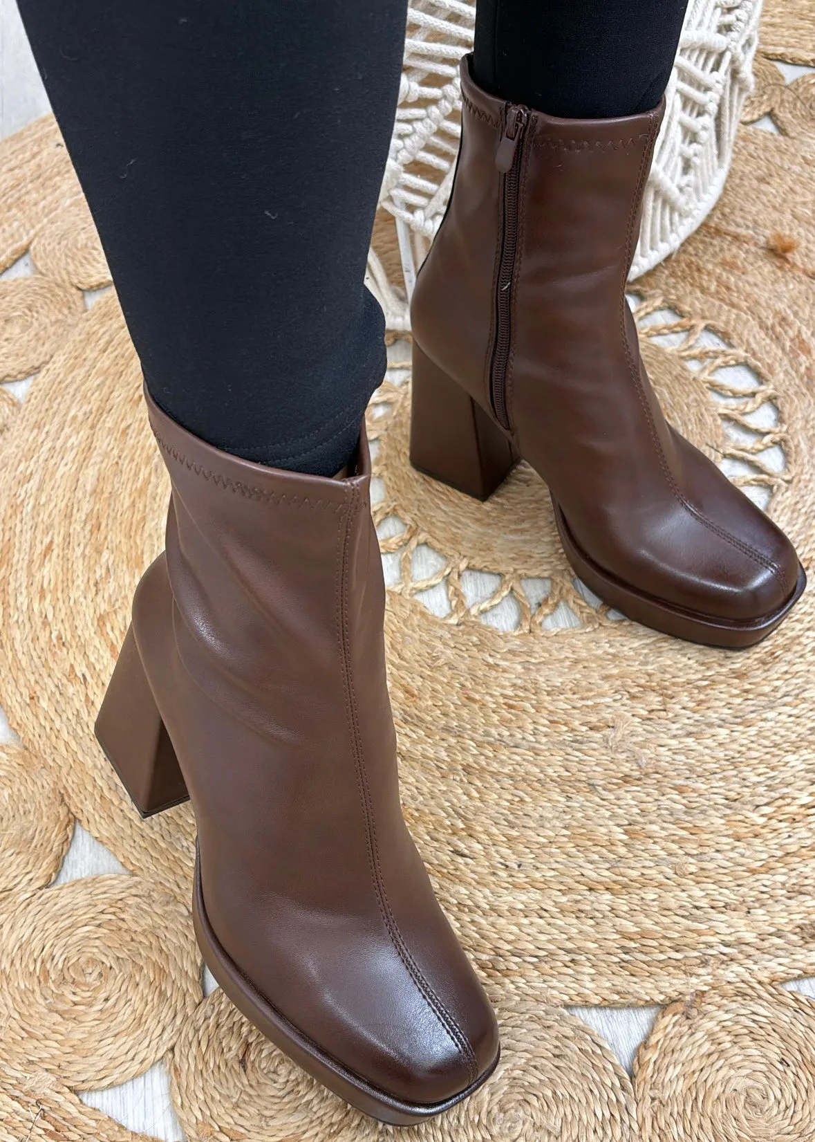 Teagan Brown High Block Heel Boots