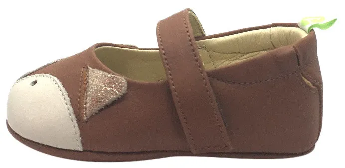 Tip Toey Joey Girl's Firefoxy Burning Wood Brown Fox Character Leather Hook and Loop Mary Jane Flat
