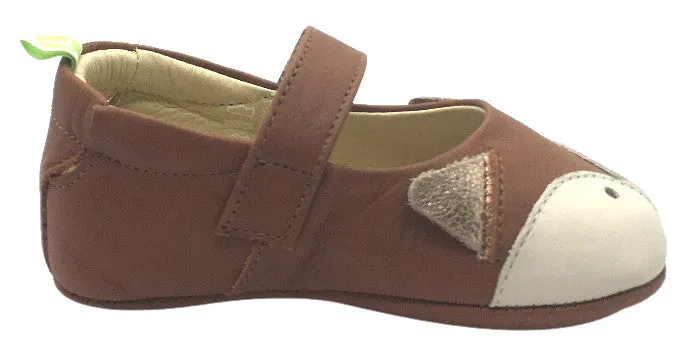 Tip Toey Joey Girl's Firefoxy Burning Wood Brown Fox Character Leather Hook and Loop Mary Jane Flat