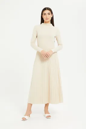Women Beige High Neck Pleated Dress