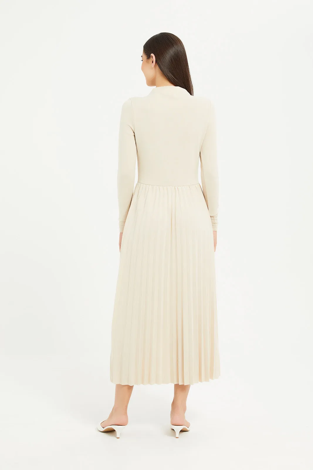 Women Beige High Neck Pleated Dress