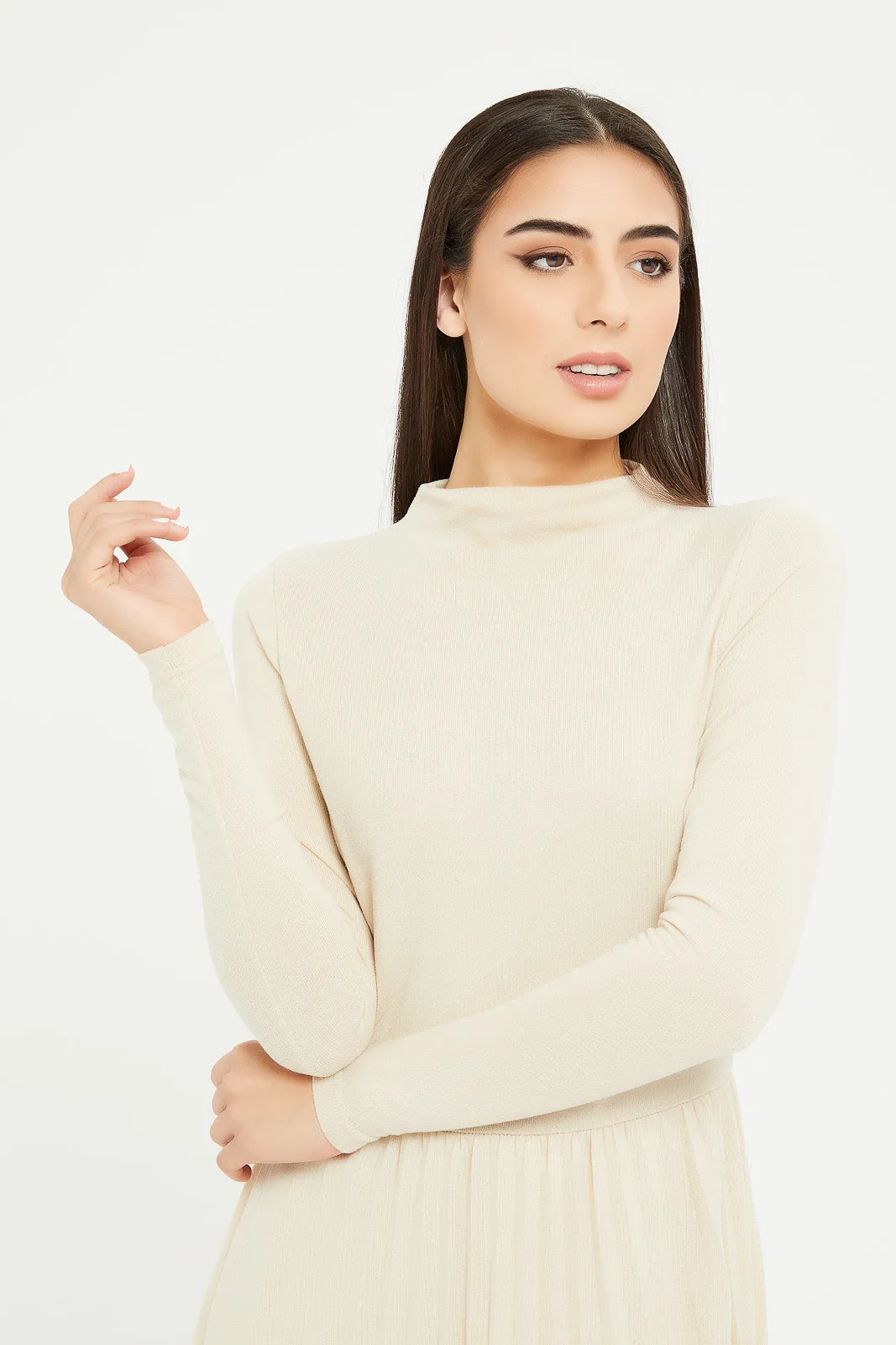 Women Beige High Neck Pleated Dress