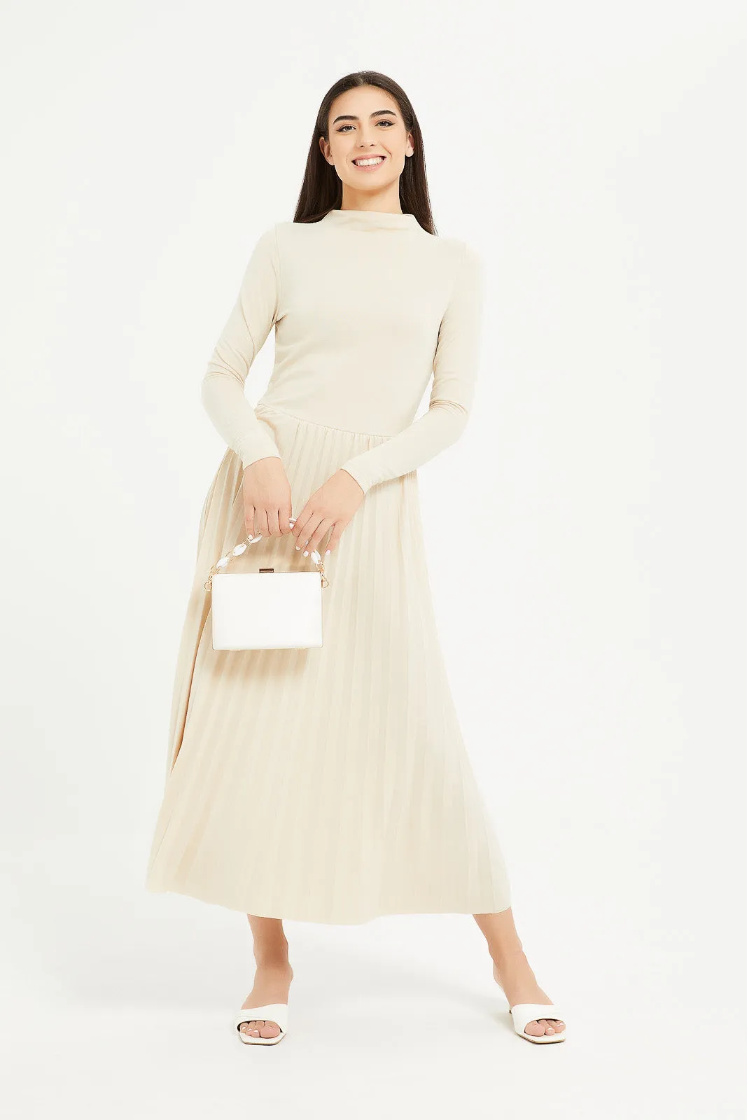 Women Beige High Neck Pleated Dress