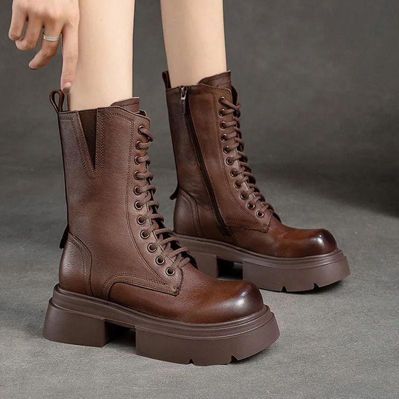 Women Retro Classic Leather Platform Mid-Calf Boots