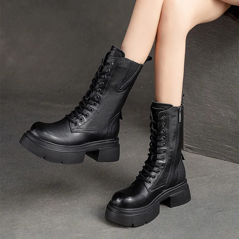Women Retro Classic Leather Platform Mid-Calf Boots