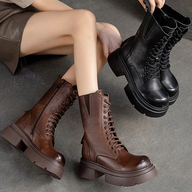 Women Retro Classic Leather Platform Mid-Calf Boots