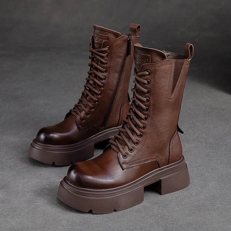 Women Retro Classic Leather Platform Mid-Calf Boots