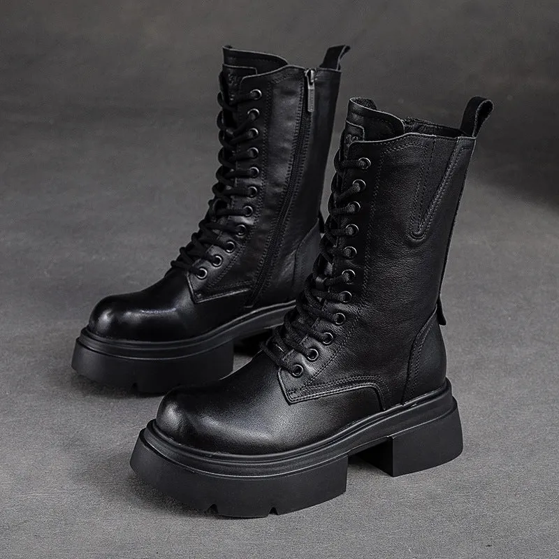 Women Retro Classic Leather Platform Mid-Calf Boots