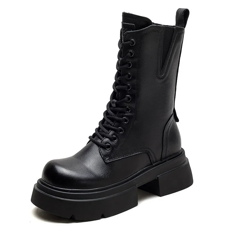 Women Retro Classic Leather Platform Mid-Calf Boots
