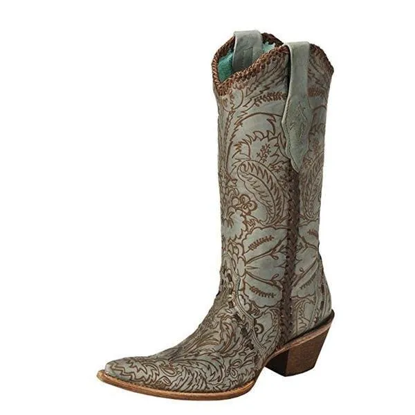 Women's Hand Tooled Turquoise Distressed Cowgirl Boot Pointed Toe - C1060